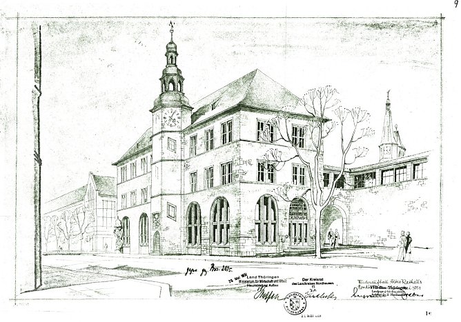 Wiederaufbau Rathaus (Foto: Quelle: LATh-HStA Weimar, LTh-Ministerium für Wirtschaft und Arbeit 2522 Bl.16Zeichnung Friedrich Stabe) Wiederaufbau Rathaus (Foto: Quelle: LATh-HStA Weimar, LTh-Ministerium für Wirtschaft und Arbeit 2522 Bl.16Zeichnung Friedrich Stabe)